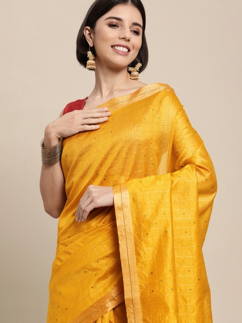 

Mitera Yellow Checked Zari Silk Blend Tussar Saree
