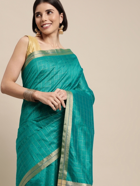 

Mitera Teal & Gold-Toned Checked Zari Silk Blend Tussar Saree