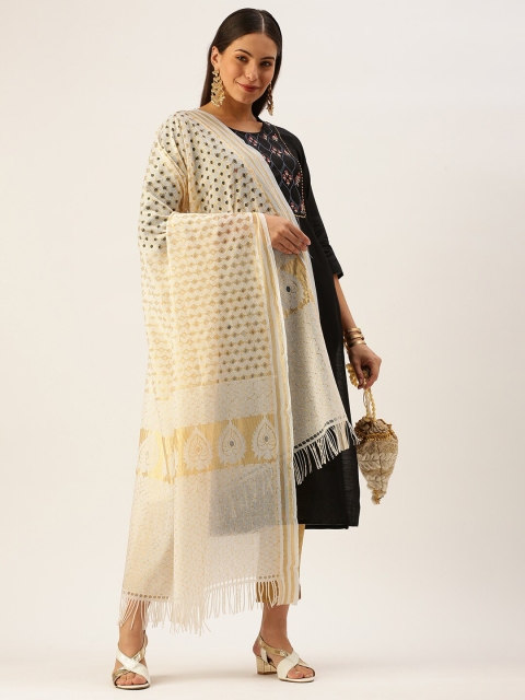 

Sanwara White & Gold-Toned Ethnic Motifs Woven Design Pure Cotton Dupatta with Zari