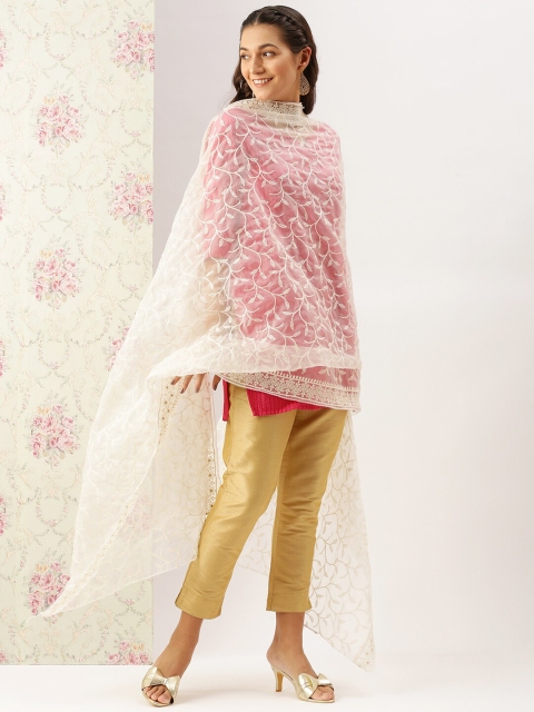 

Sanwara White Ethnic Motifs Embroidered Organza Dupatta with Thread Work