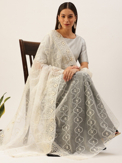 

Sanwara White Embroidered Organza Dupatta with Thread Work