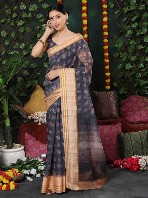 

MISHRI COLLECTION Grey & Beige Floral Zari Linen Blend Bandhani Saree