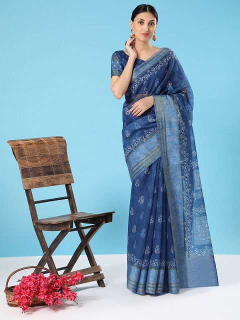 

MISHRI COLLECTION Blue & White Floral Linen Blend Bandhani Saree