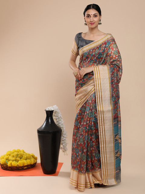

MISHRI COLLECTION Maroon & Gold-Toned Floral Zari Linen Blend Bandhani Saree