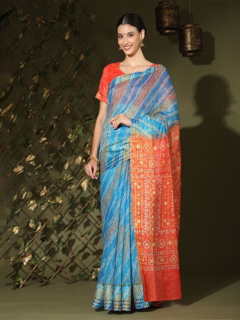 

MISHRI COLLECTION Red & Blue Bandhani Linen Blend Bandhani Saree