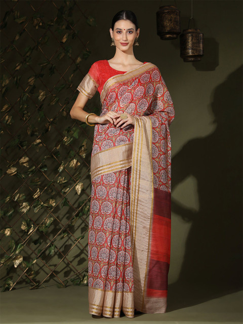 

MISHRI COLLECTION Pink & Blue Floral Linen Blend Bandhani Saree