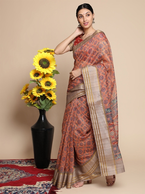 

MISHRI COLLECTION Maroon & Blue Floral Linen Blend Bandhani Saree