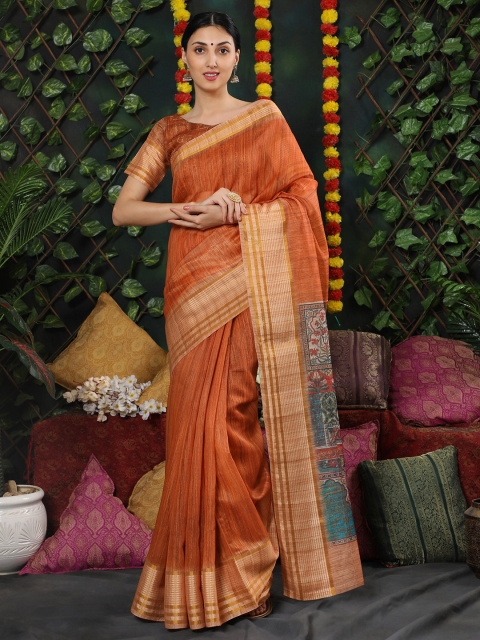 

MISHRI COLLECTION Orange & Blue Bandhani Linen Blend Bandhani Saree