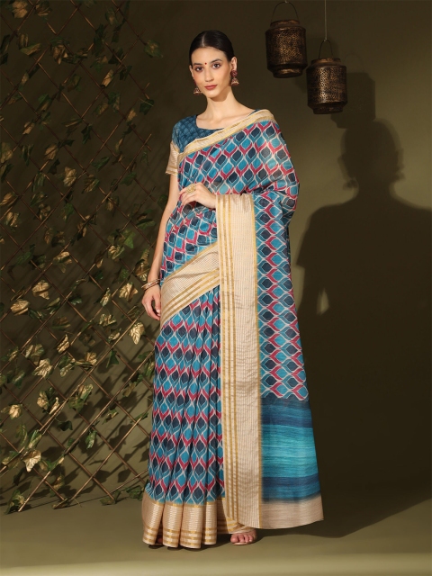 

MISHRI COLLECTION Blue & Magenta Zari Linen Blend Bandhani Saree