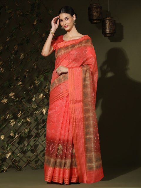 

MISHRI COLLECTION Pink & White Floral Linen Blend Bandhani Saree
