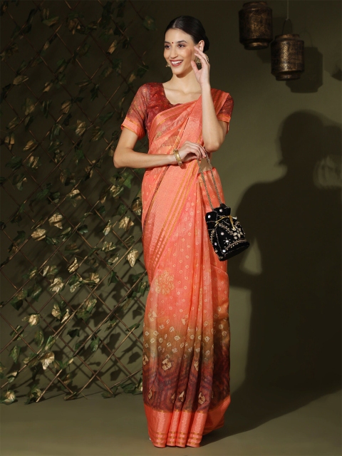 

MISHRI COLLECTION Orange & Brown Bandhani Linen Blend Bandhani Saree