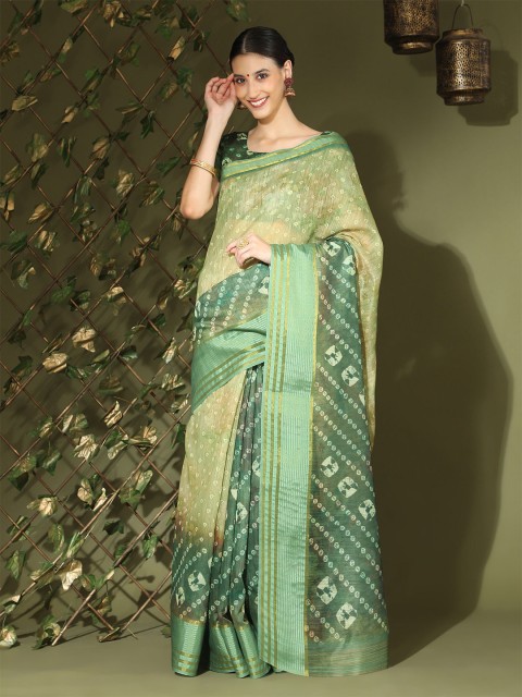 

MISHRI COLLECTION Green & Off White Bandhani Linen Blend Bandhani Saree