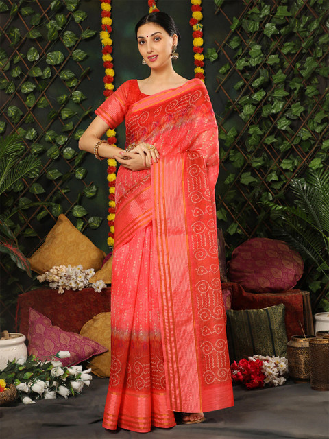 

MISHRI COLLECTION Red & White Zari Linen Blend Bandhani Saree