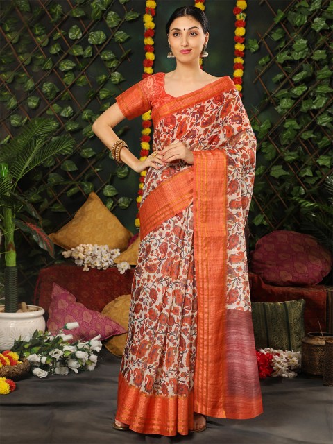 

MISHRI COLLECTION Orange & White Floral Linen Blend Bandhani Saree