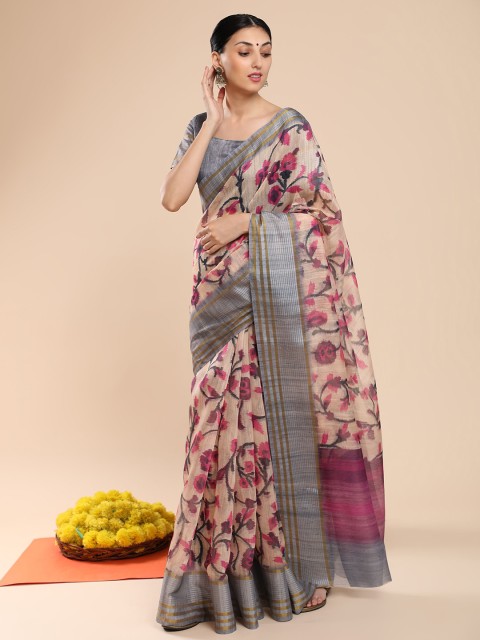

MISHRI COLLECTION Purple & Grey Floral Linen Blend Bandhani Saree