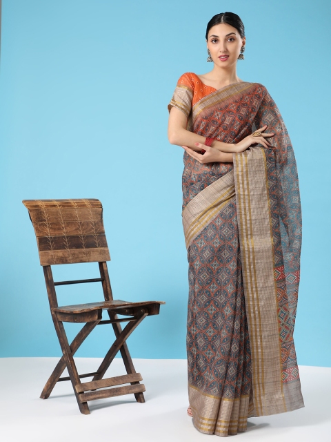 

MISHRI COLLECTION Maroon & Blue Bandhani Zari Linen Blend Bandhani Saree