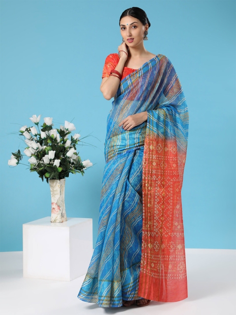 

MISHRI COLLECTION Blue & Red Leheriya Linen Blend Bandhani Saree