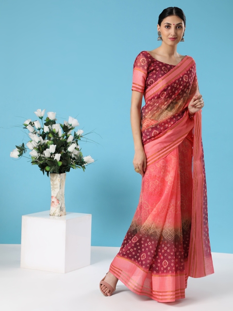 

MISHRI COLLECTION Pink & Magenta Zari Linen Blend Bandhani Saree