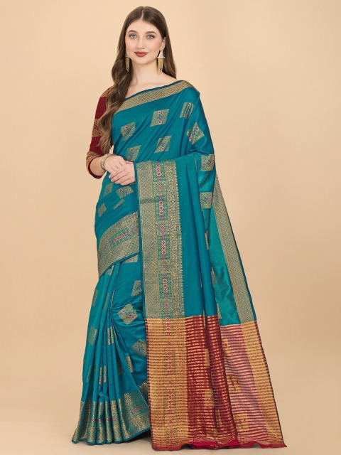 

Wuxi Blue & Maroon Woven Design Zari Pure Cotton Banarasi Saree