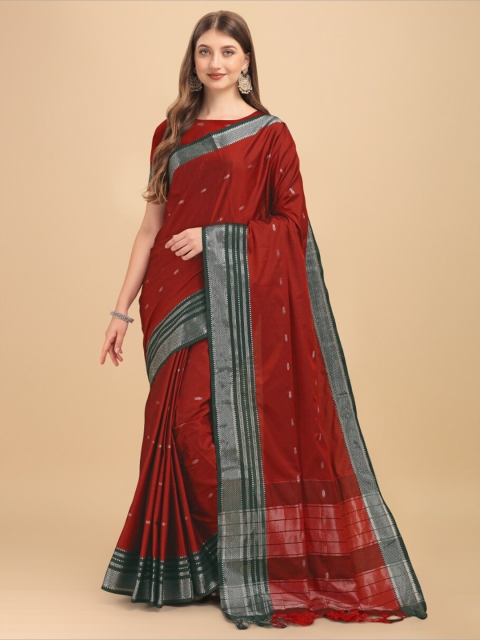 

Wuxi Red & Grey Woven Design Zari Pure Cotton Banarasi Saree