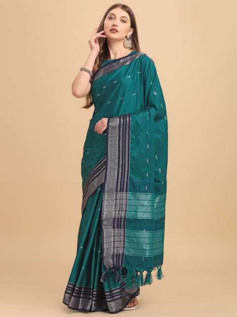 

Wuxi Teal & Silver-Toned Woven Design Zari Pure Cotton Banarasi Saree