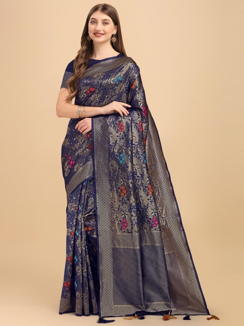 

Wuxi Navy Blue & Orange Woven Design Zari Pure Silk Banarasi Saree