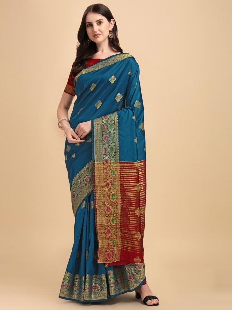 

Wuxi Blue & Maroon Woven Design Zari Pure Cotton Banarasi Saree