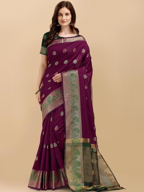 

Wuxi Purple & Green Woven Design Zari Pure Cotton Banarasi Saree