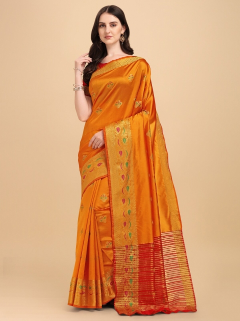 

Wuxi Gold-Toned & Orange Woven Design Zari Pure Cotton Banarasi Saree