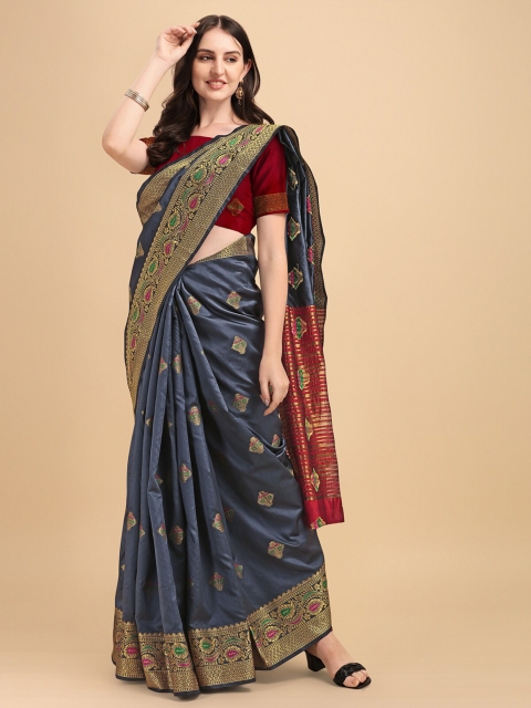 

Wuxi Grey & Maroon Woven Design Zari Pure Cotton Banarasi Saree