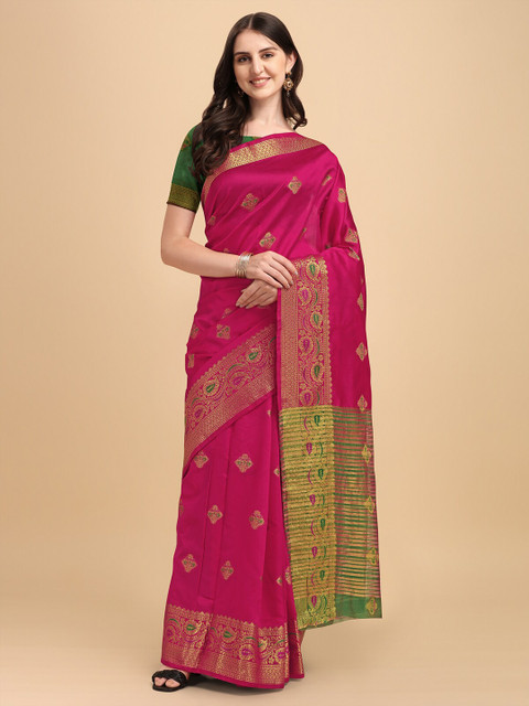

Wuxi Peach-Coloured & Green Woven Design Zari Pure Cotton Banarasi Saree