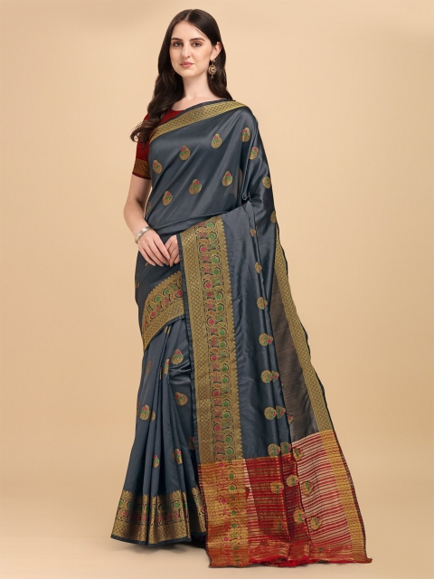

Wuxi Grey & Red Woven Design Zari Pure Cotton Banarasi Saree