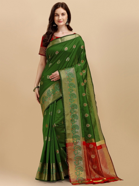 

Wuxi Lime Green & Red Woven Design Zari Pure Cotton Banarasi Saree