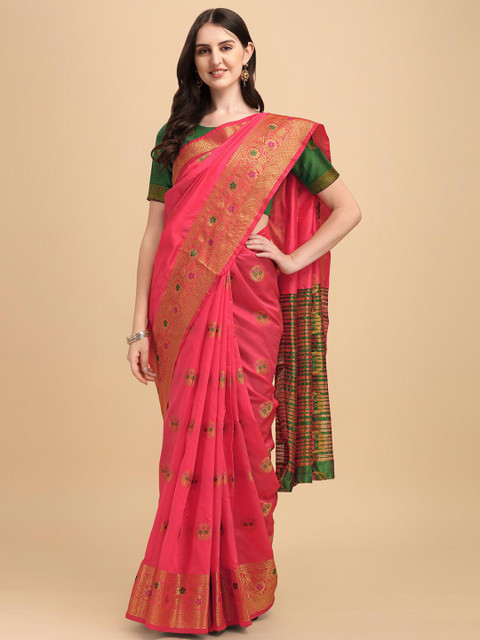 

Wuxi Pink & Green Woven Design Zari Pure Cotton Banarasi Saree