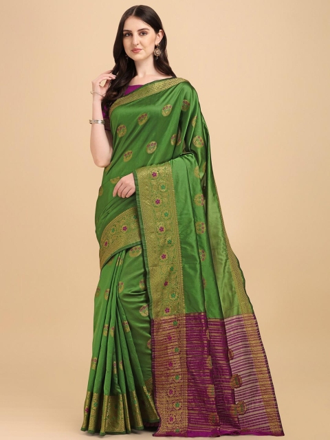 

Wuxi Green & Magenta Woven Design Zari Pure Cotton Banarasi Saree