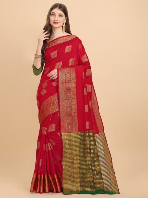 

Wuxi Red & Green Woven Design Zari Pure Cotton Banarasi Saree