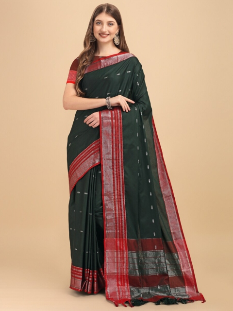 

Wuxi Green & Red Woven Design Zari Pure Cotton Banarasi Saree