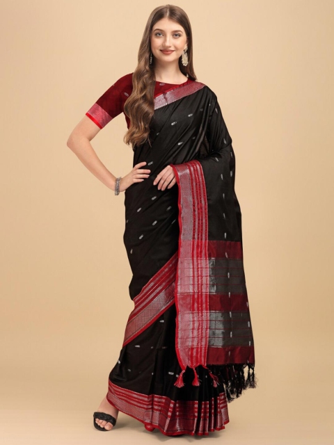 

Wuxi Black & Fuchsia Woven Design Zari Pure Cotton Banarasi Saree