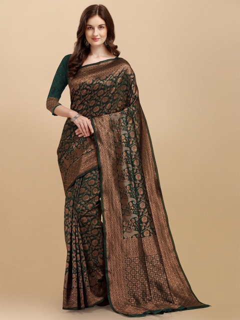 

Wuxi Green & Copper-Toned Woven Design Zari Pure Silk Banarasi Saree