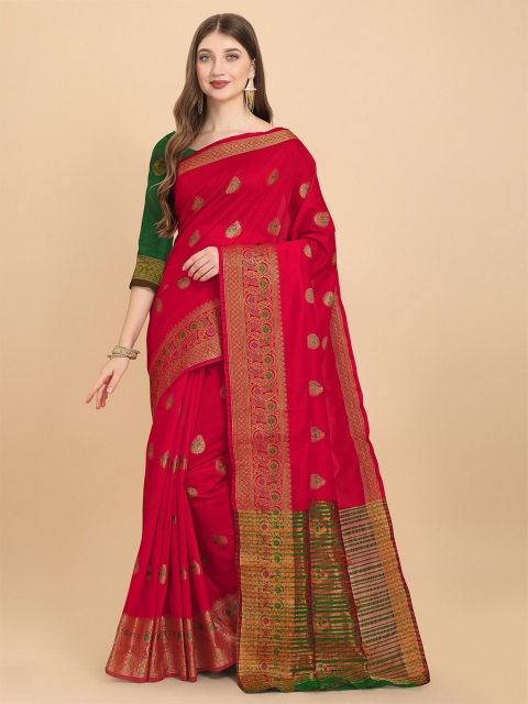 

Wuxi Red & Green Woven Design Zari Pure Cotton Banarasi Saree