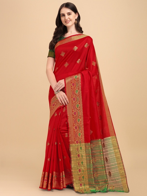 

Wuxi Red & Green Woven Design Zari Pure Cotton Banarasi Saree