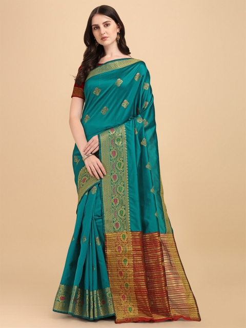 

Wuxi Teal & Maroon Woven Design Zari Pure Cotton Banarasi Saree