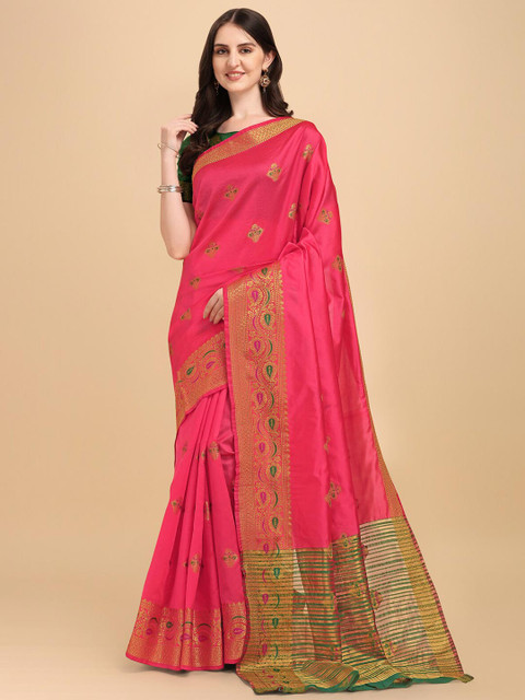 

Wuxi Pink & Green Woven Design Zari Pure Cotton Banarasi Saree