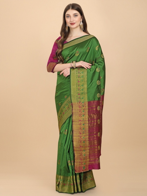 

Wuxi Green & Fuchsia Woven Design Zari Pure Cotton Banarasi Saree