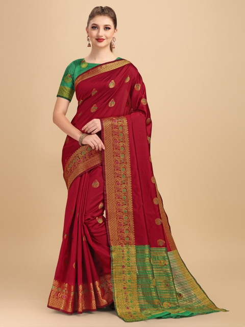 

Wuxi Maroon & Gold-Toned Woven Design Zari Pure Cotton Banarasi Saree