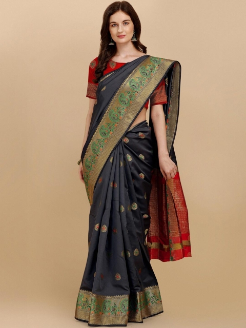 

Wuxi Grey & Red Woven Design Zari Pure Cotton Banarasi Saree