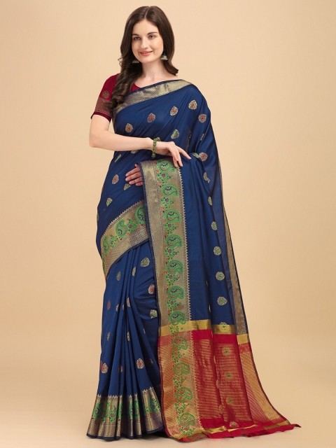 

Wuxi Navy Blue & Red Woven Design Zari Pure Cotton Banarasi Saree