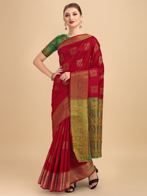 

Wuxi Maroon & Gold-Toned Woven Design Zari Pure Cotton Banarasi Saree