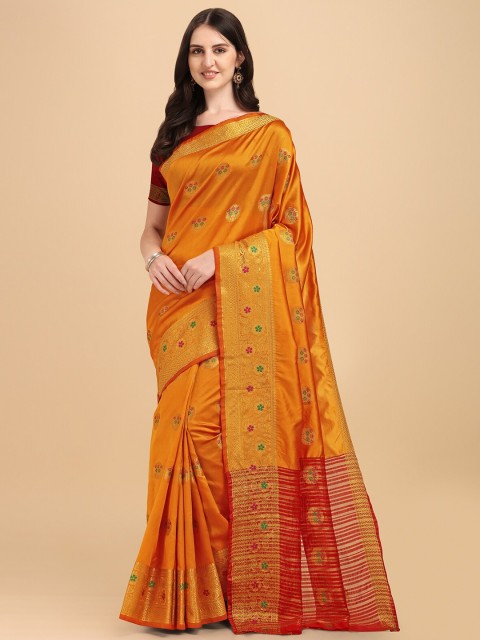 

Wuxi Gold-Toned & Red Woven Design Zari Pure Cotton Banarasi Saree