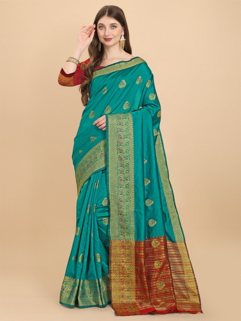 

Wuxi Teal & Red Woven Design Zari Pure Cotton Banarasi Saree